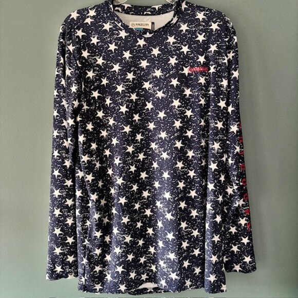 Magellan Outdoors Shirt Fish Gear L Boyfriend Fit Blue White Patriotic Holiday - Picture 1 of 7